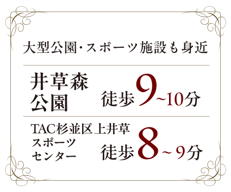 大型公園・スポーツ施設も身近 井草森公園徒歩9〜10分 TAC杉並区上井草スポーツセンター徒歩8〜9分