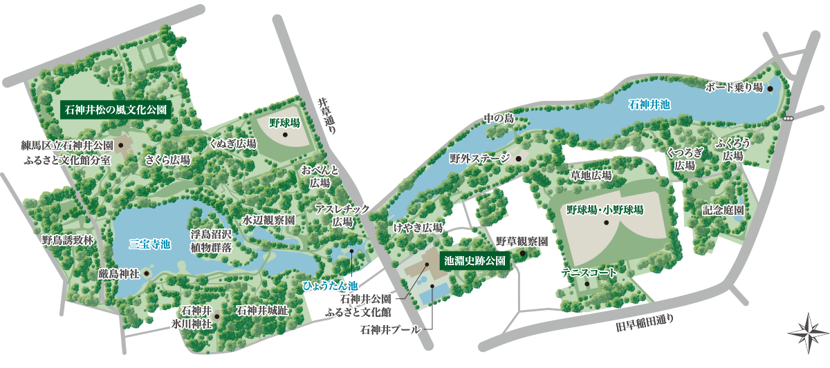 都立石神井公園概念マップ。三宝寺池・石神井池・野球場・テニスコートなどの配置