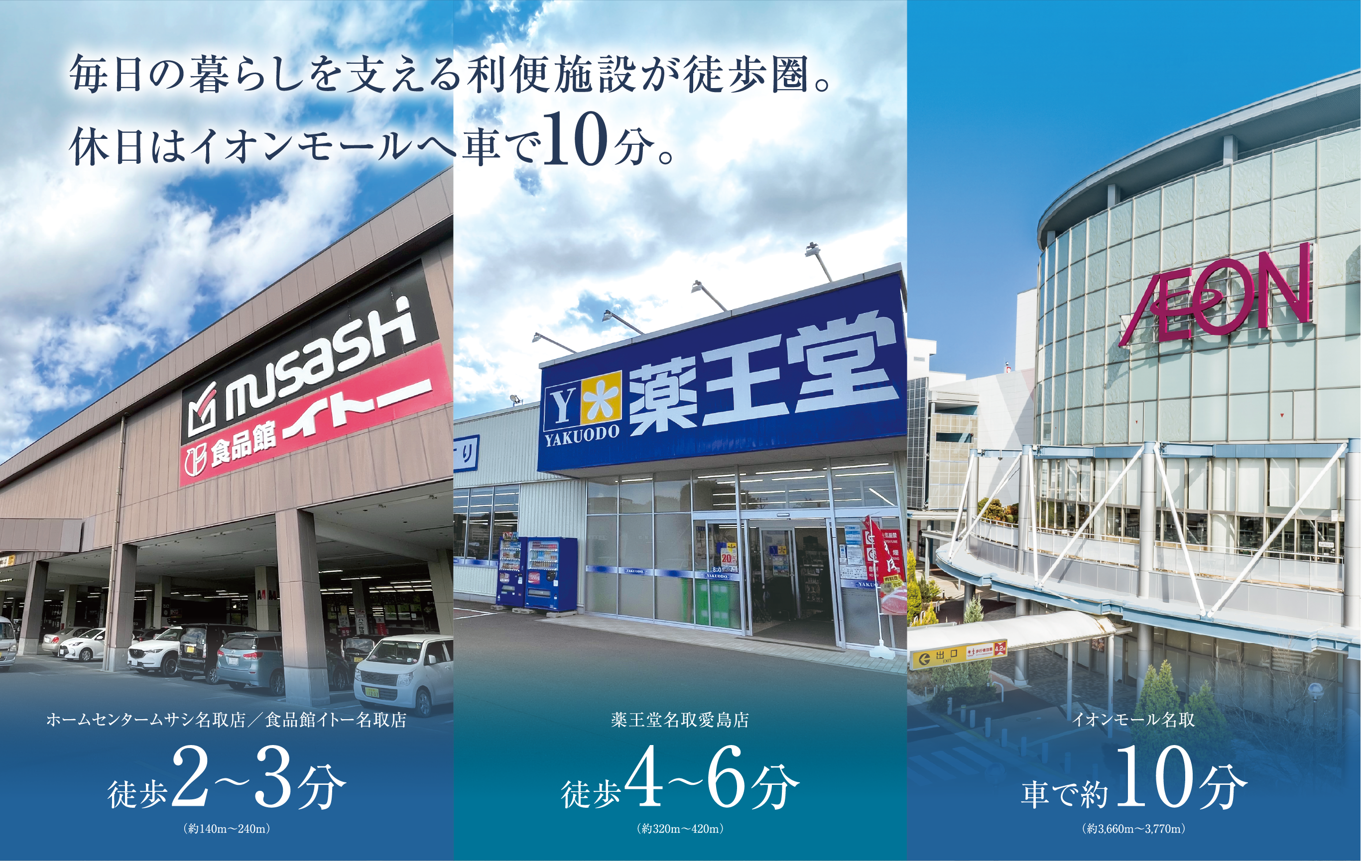 毎⽇の暮らしを⽀える利便施設が徒歩圏。休⽇はイオンモールへ車で10分。